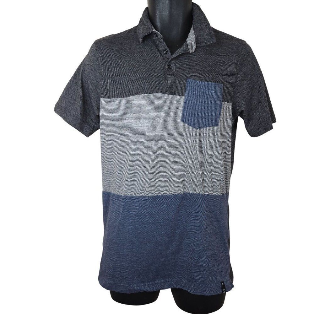 Burnside Mens M Colorblock Polo Shirt Chest Pocket Short Sleeve Gray Blue Stripe